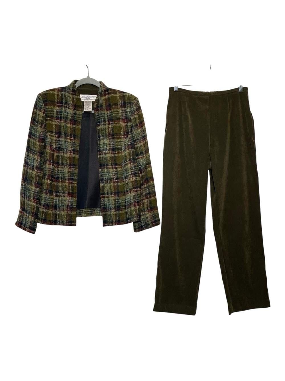 VTG Jessica Howard Petite Pants Suit Set 8P Green Plaid Tweed Open Jacket Velvet